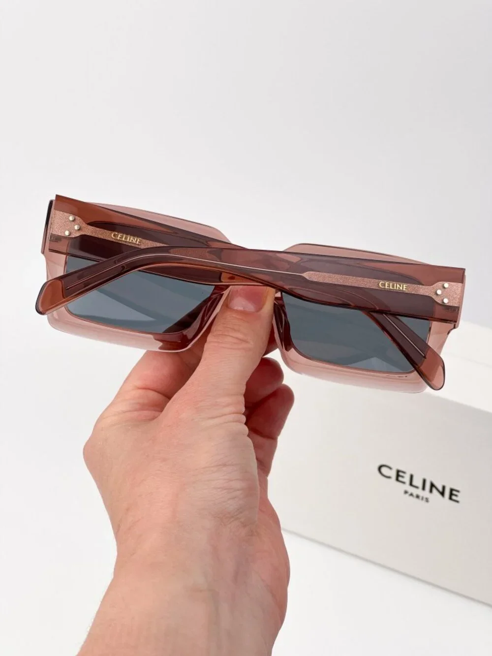 Celine CL40280U 74V “3 Dots” Rectangle Sunglasses – Dusty Pink Crystal / Blue